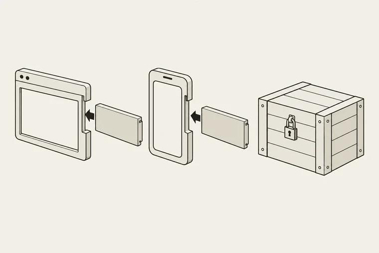 Illustration: samma tunna panel på väg in i tre olika höljen — en webbläsarram, en telefonram och, längst till höger, en stängd träback med hänglås som står och väntar.
