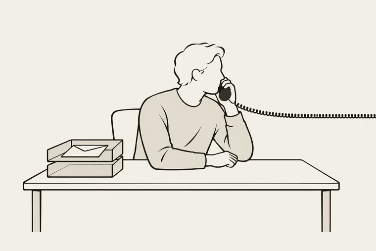 Illustration: en person håller luren till en gammal bordstelefon mot örat, sladden löper rakt ut ur bilden. På skrivbordet står två brevkorgar: den övre med ett enda förslutet kuvert, den undre tom.