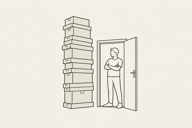 Illustration: en person står lugnt i en öppen dörr med armarna i kors. Utanför dörren står en leverans av platta kartonger staplad långt högre än dörröppningen.
