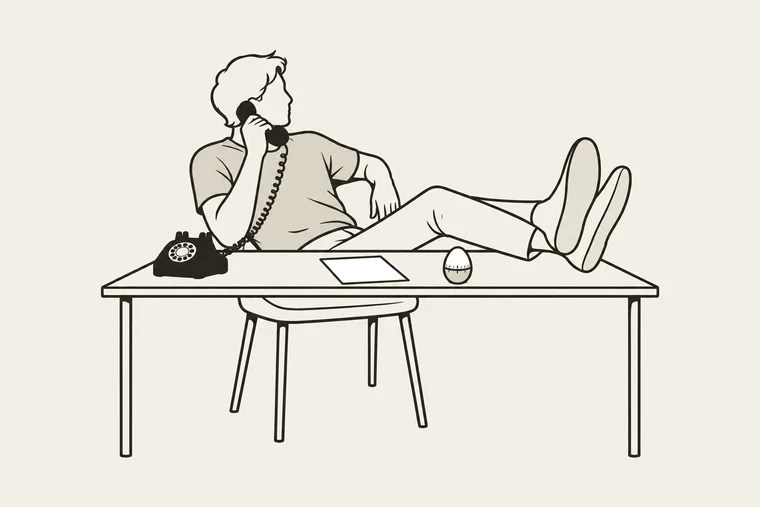 Illustration: en person lutar sig bakåt vid ett skrivbord med fötterna uppe, en telefonlur mot örat, ett enda papper framför sig och ett äggur som tickar bredvid.