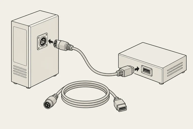 Illustration: två olika maskiner står en bit från varandra. En kabel med olika kontakt i var ände är på väg in i båda – en rund flerstiftskontakt i den vänstra, en bred flatkontakt i den högra. En likadan kabel ligger hoprullad framför dem.