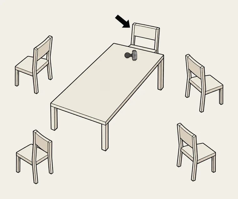 Illustration: en ensam stol står vid kortänden av ett långt bord med en stämpel framför sig. Fyra likadana stolar står utdragna en bit bort, bortvända.