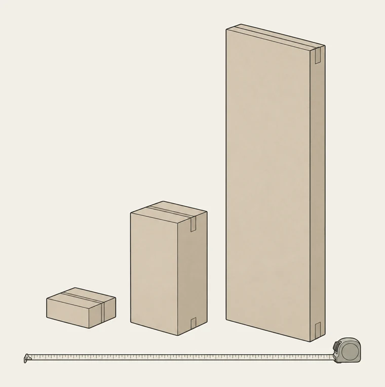 Illustration: ett måttband är utdraget rakt över bilden, och bakom det står tre platta kartonger i mycket olika storlekar.