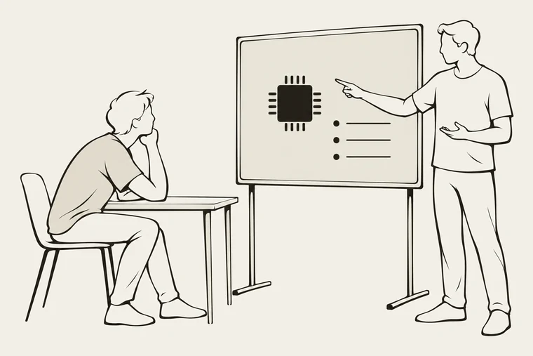 Anvisningsritning: en person vid en whiteboard förklarar ett AI-diagram för en sittande åhörare.