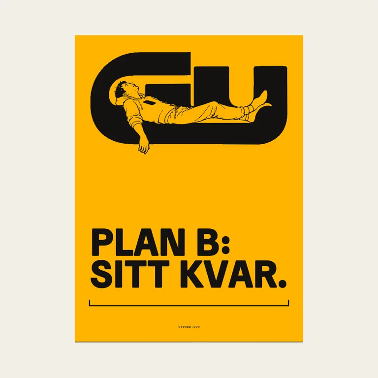 Affisch, artikeln på signalgul underlag med GerUpp-märket. Digital produktförhandsvisning.