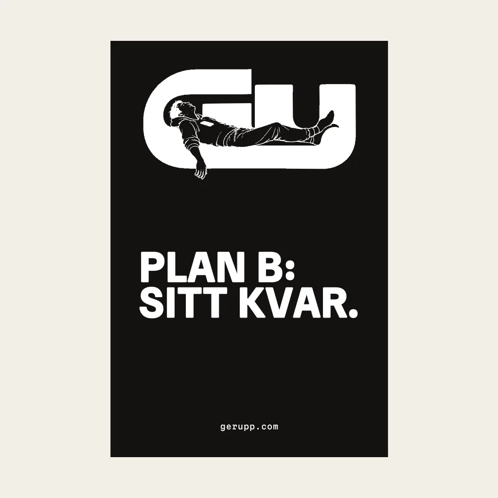 Anteckningsbok, trycket, platt på markörsvart underlag med GerUpp-märket. Digital produktförhandsvisning.