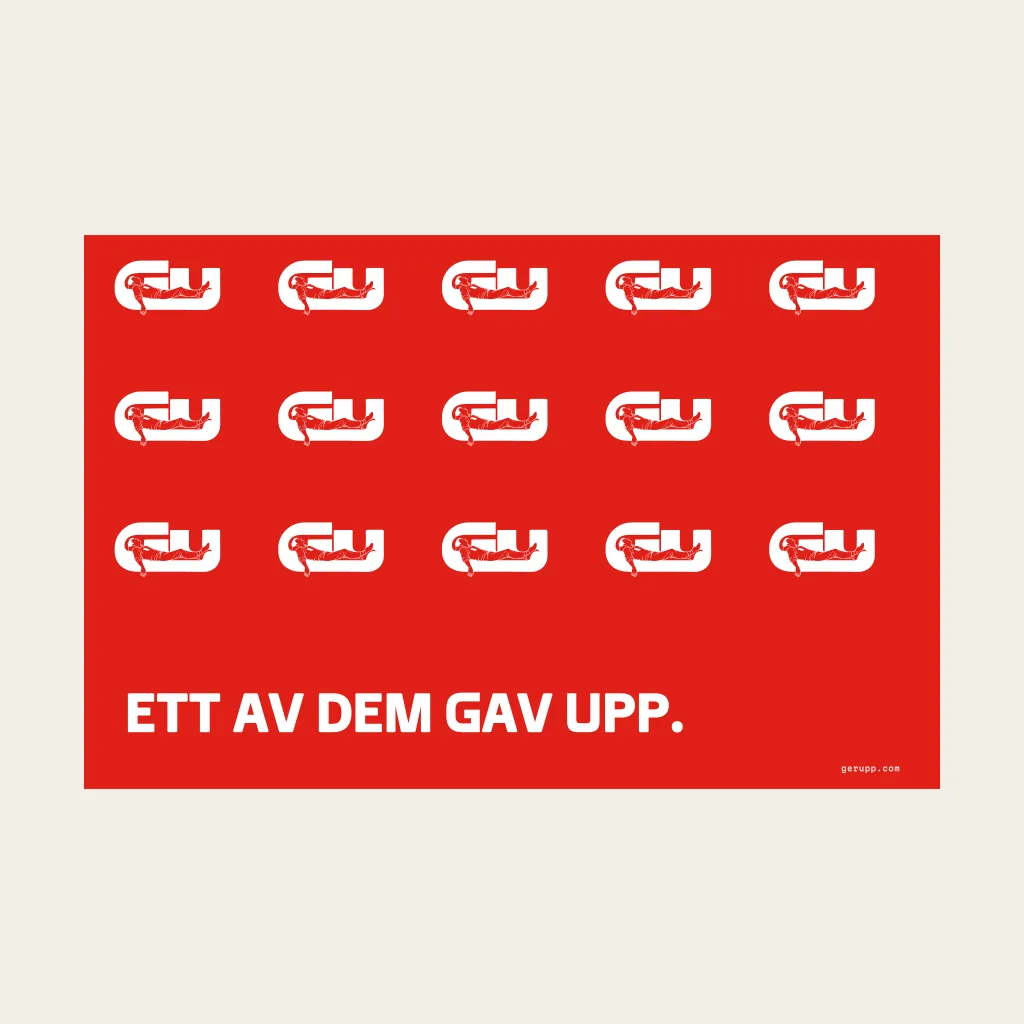Datorfodral, trycket, platt på varningsröd underlag med GerUpp-märket. Digital produktförhandsvisning.