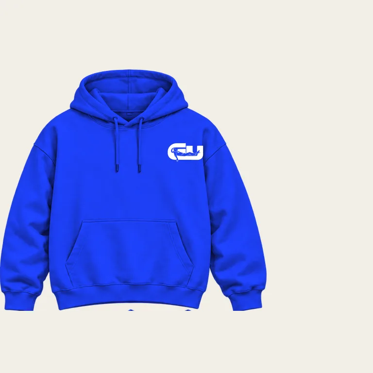 Hoodie, framsida på blåkopia underlag med GerUpp-märket. Digital produktförhandsvisning.