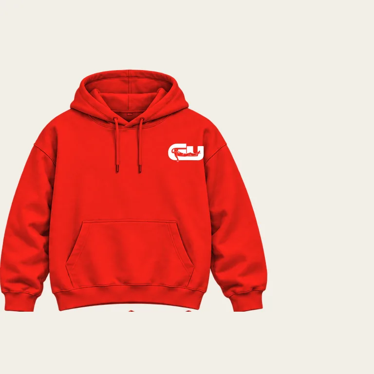 Hoodie, framsida på varningsröd underlag med GerUpp-märket. Digital produktförhandsvisning.