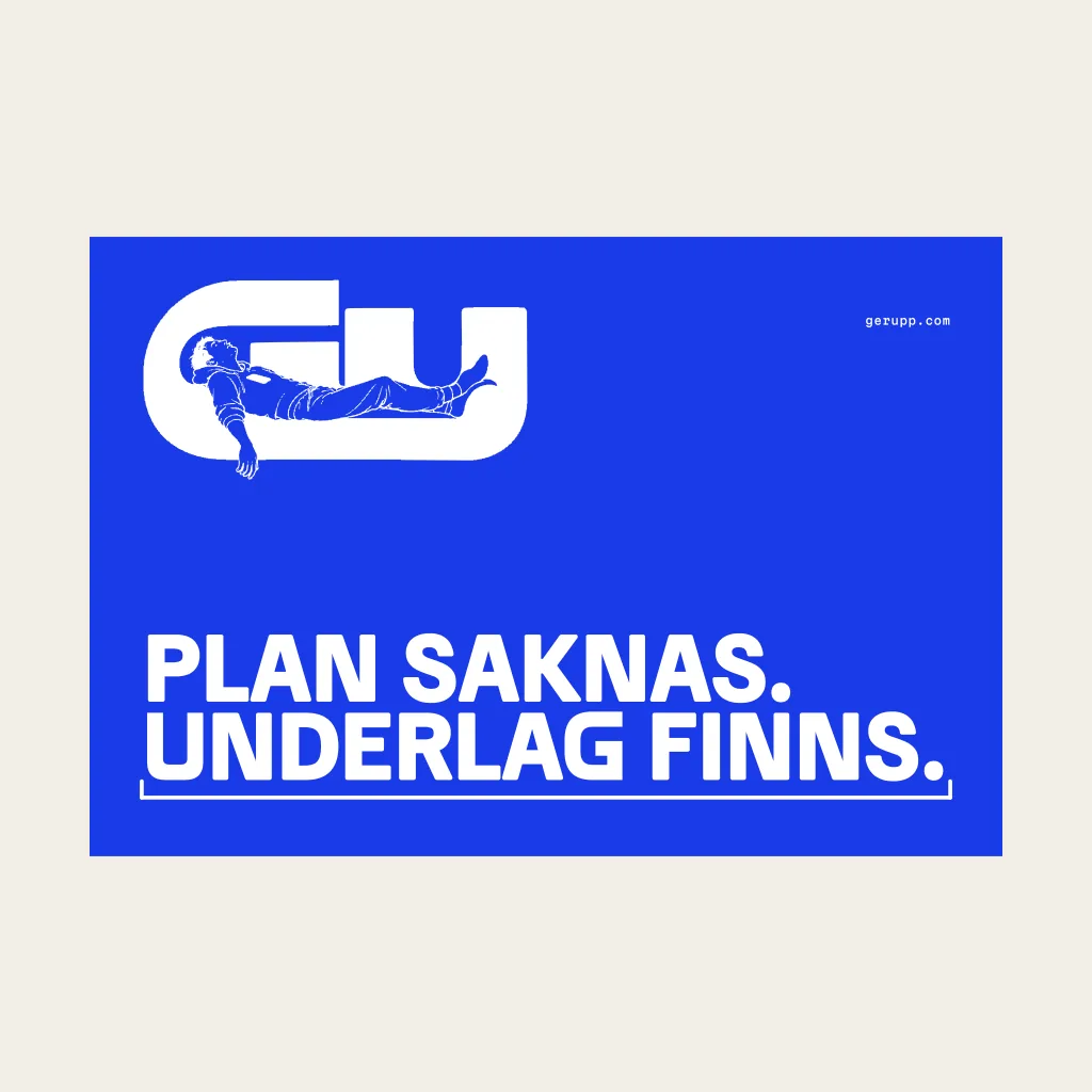 Musmatta, trycket, platt på blåkopia underlag med GerUpp-märket. Digital produktförhandsvisning.