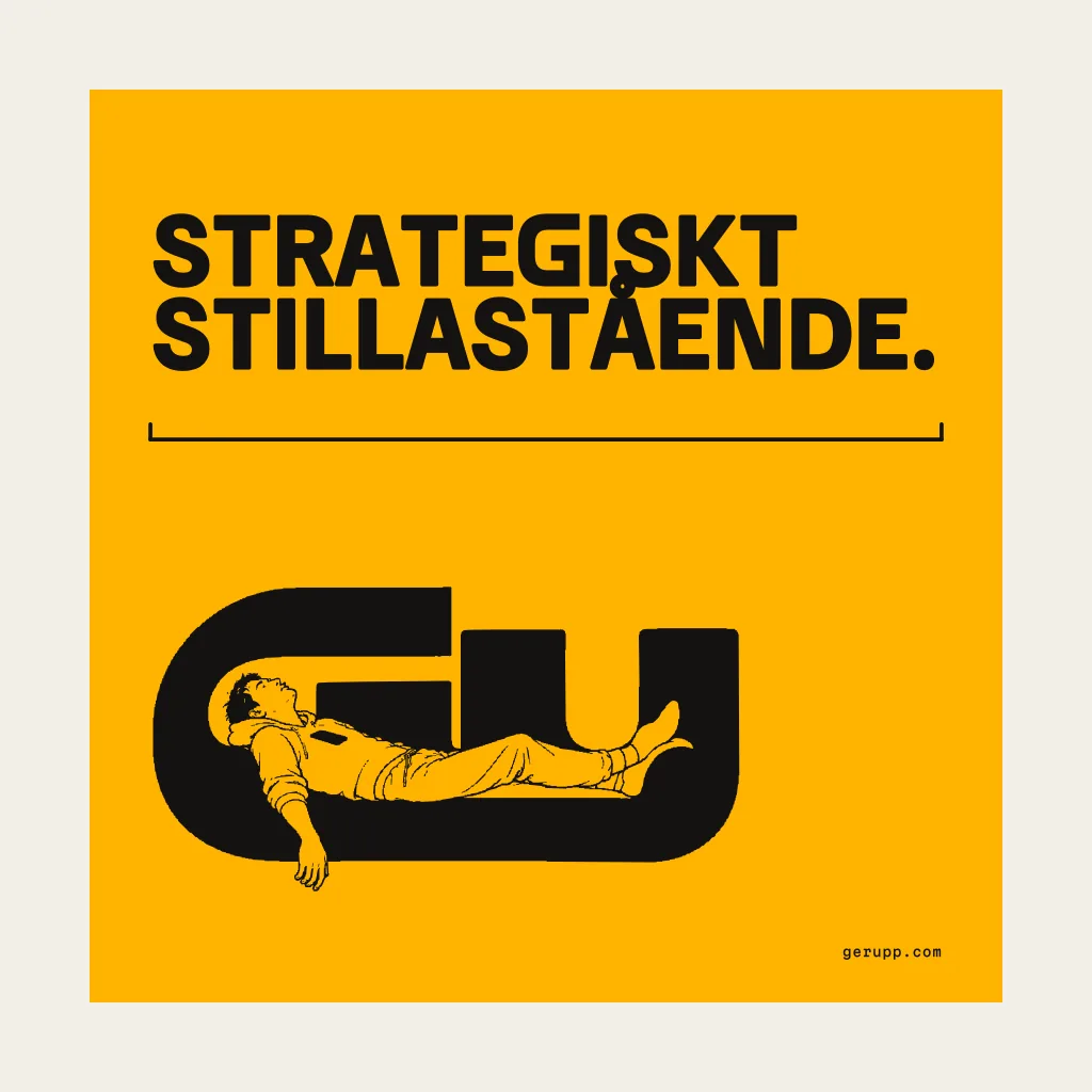 Tygkasse, trycket, platt på signalgul underlag med GerUpp-märket. Digital produktförhandsvisning.